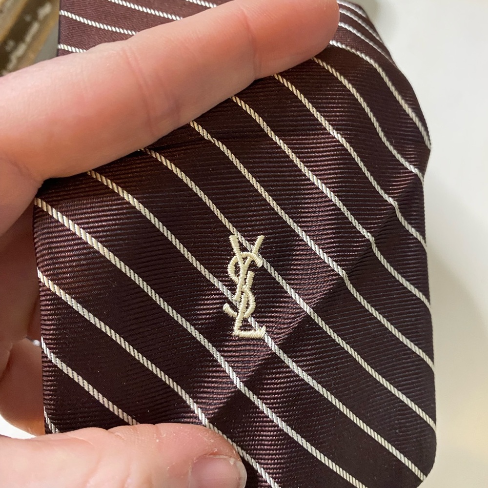 Yves Saint Laurent Brown and White Striped Tie - Picture 2 of 5